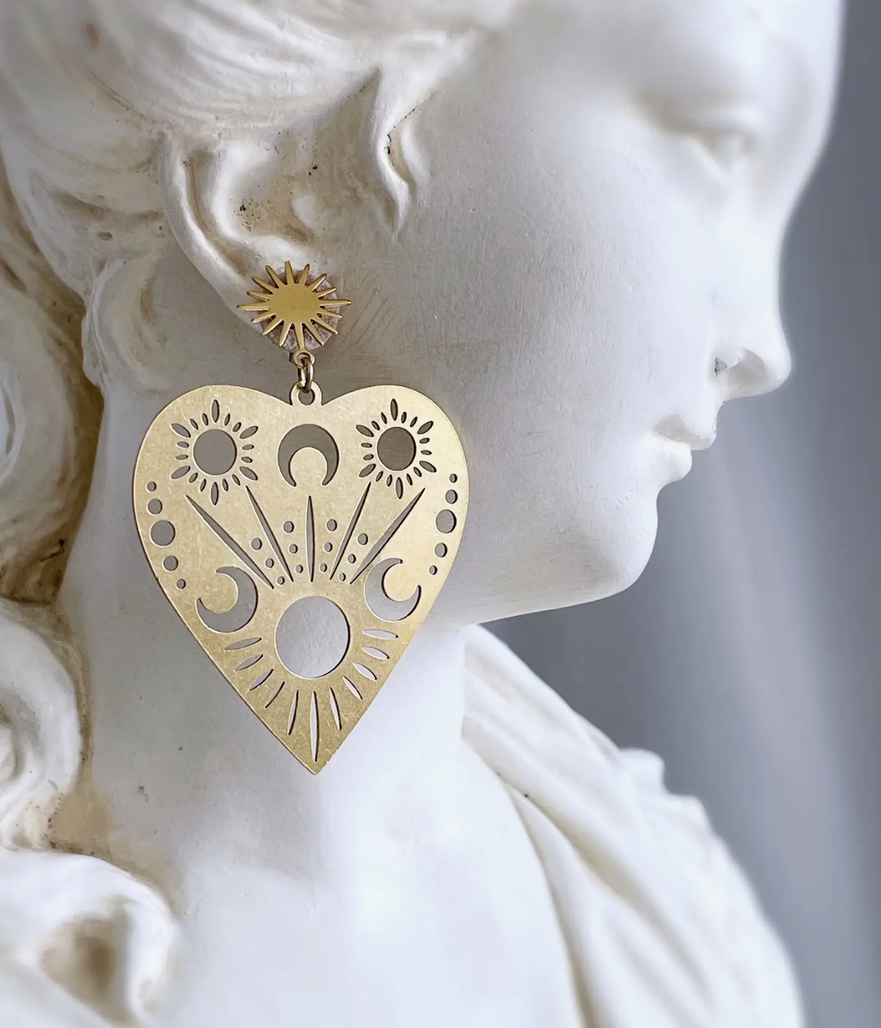 Pearl and Ivy Studio - Celestial Brass Heart Sun + Moon Earrings