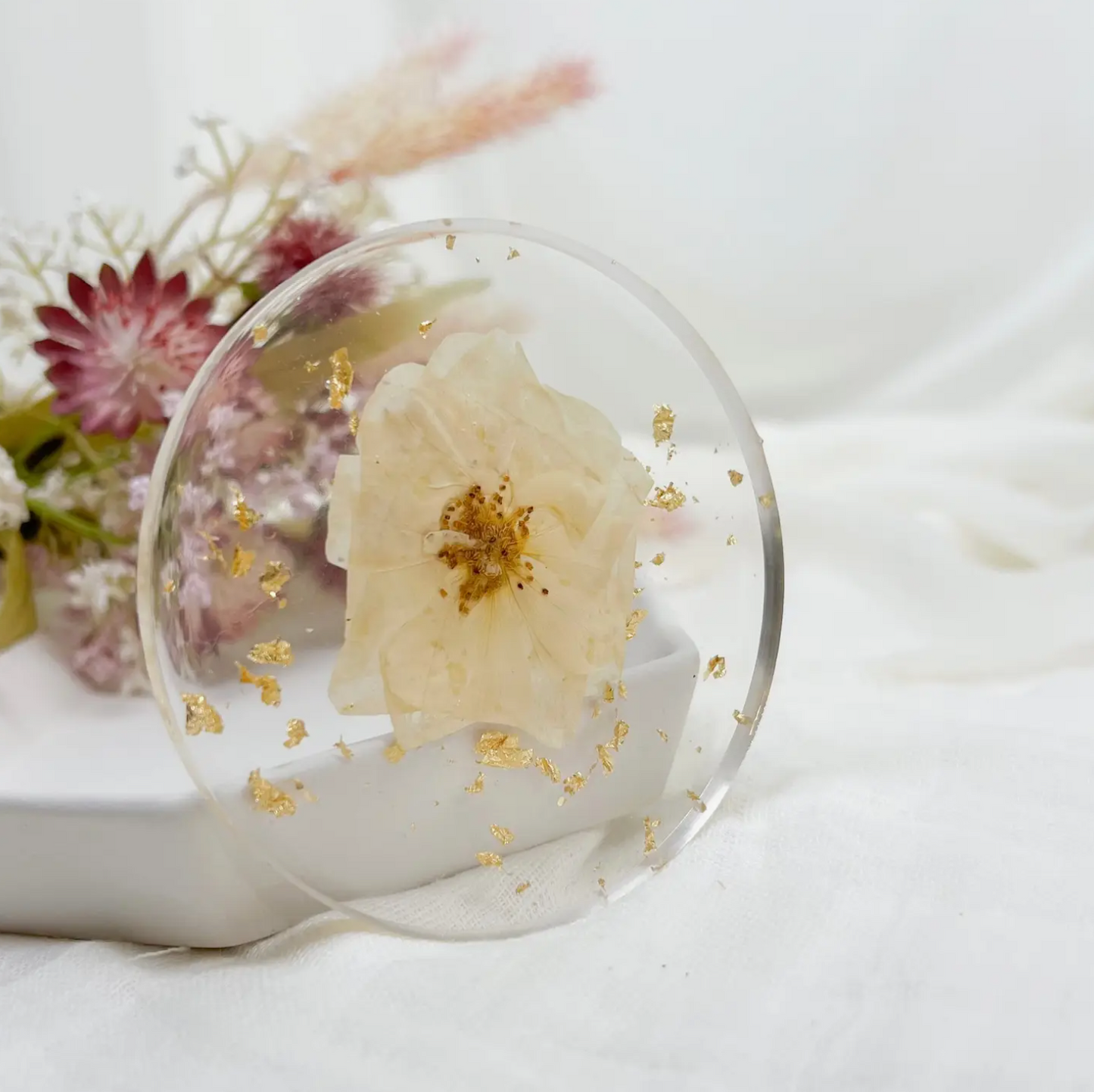 Rooted - Pressed Flower Coaster - White Rose